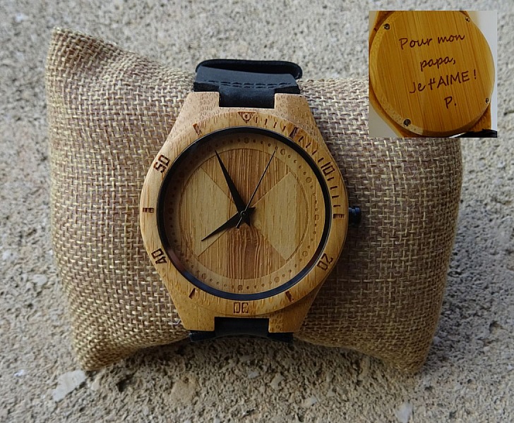 Montre homme bambou grav&eacute; sur bracelet cuir Noir &agrave; personnaliser