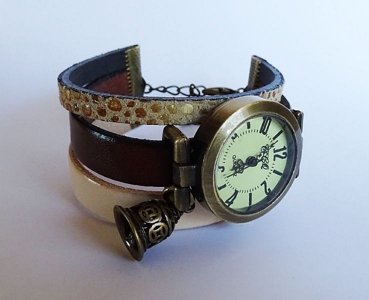 Montre manchette cuir marron/beige Cloche